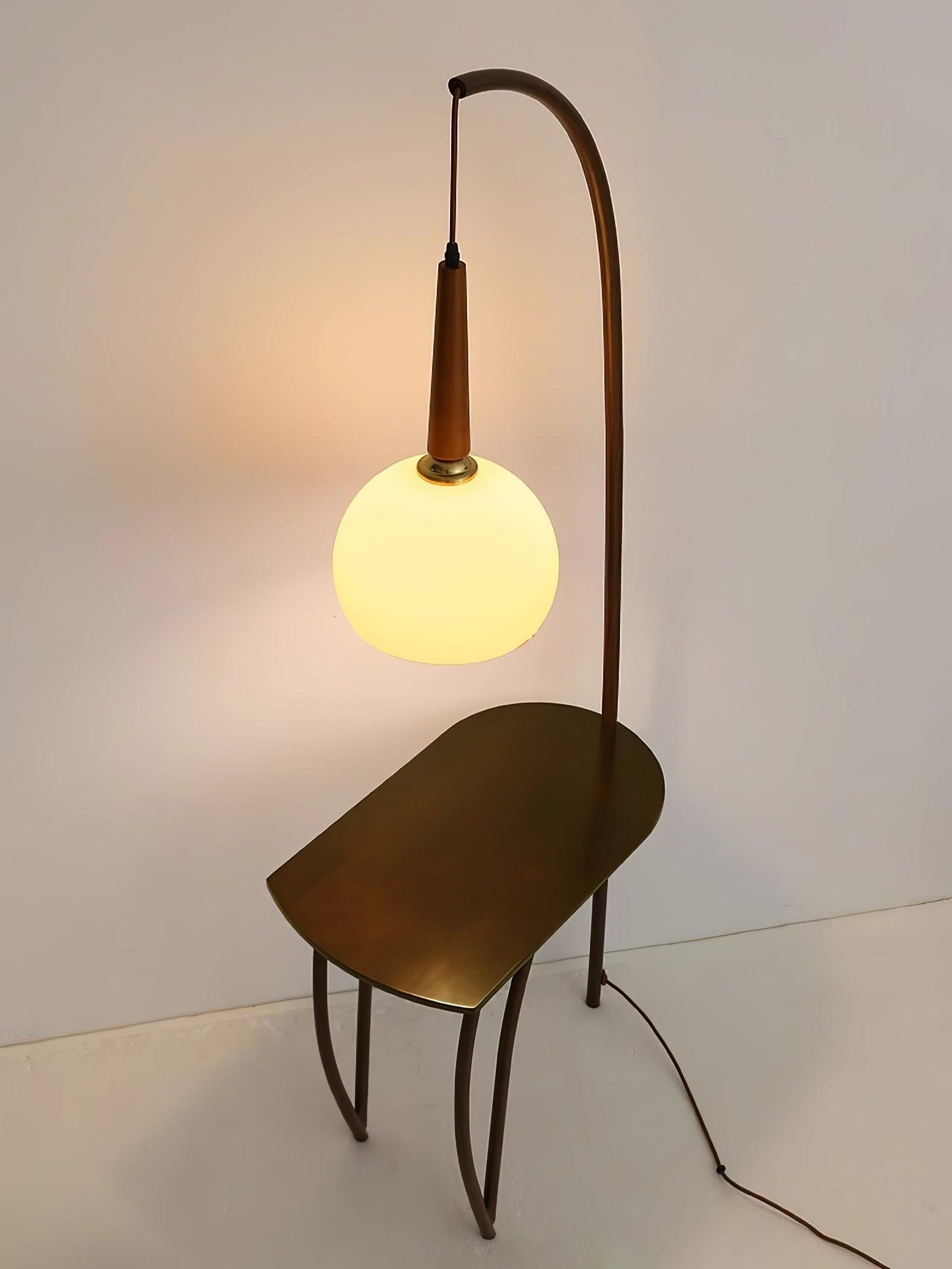 Cantilever Wood Accent Floor Lamp with Glass Shade and Table