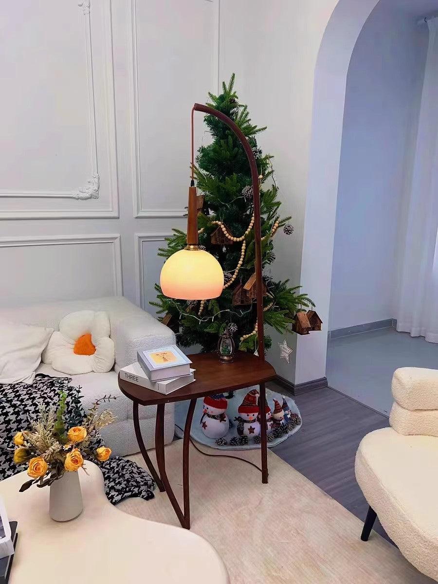 Cantilever Wood Accent Floor Lamp with Glass Shade and Table