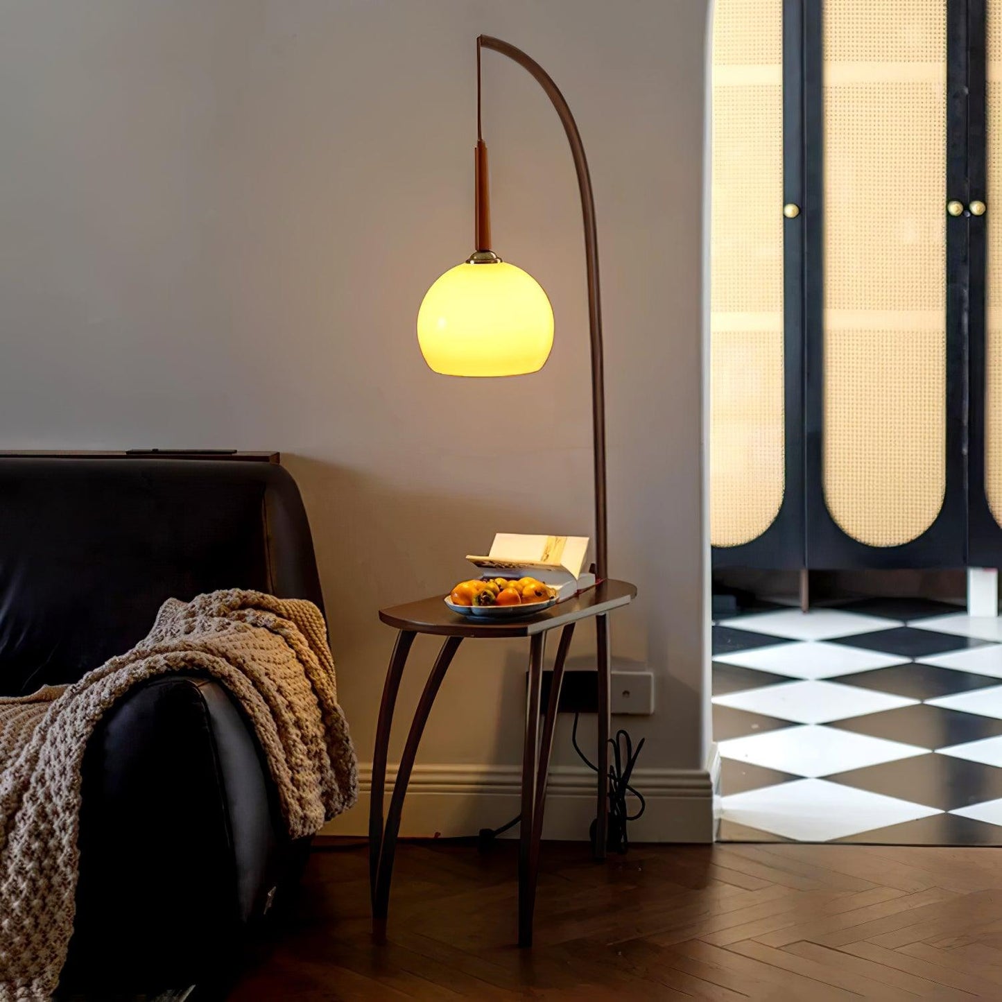 Cantilever Wood Accent Floor Lamp with Glass Shade and Table