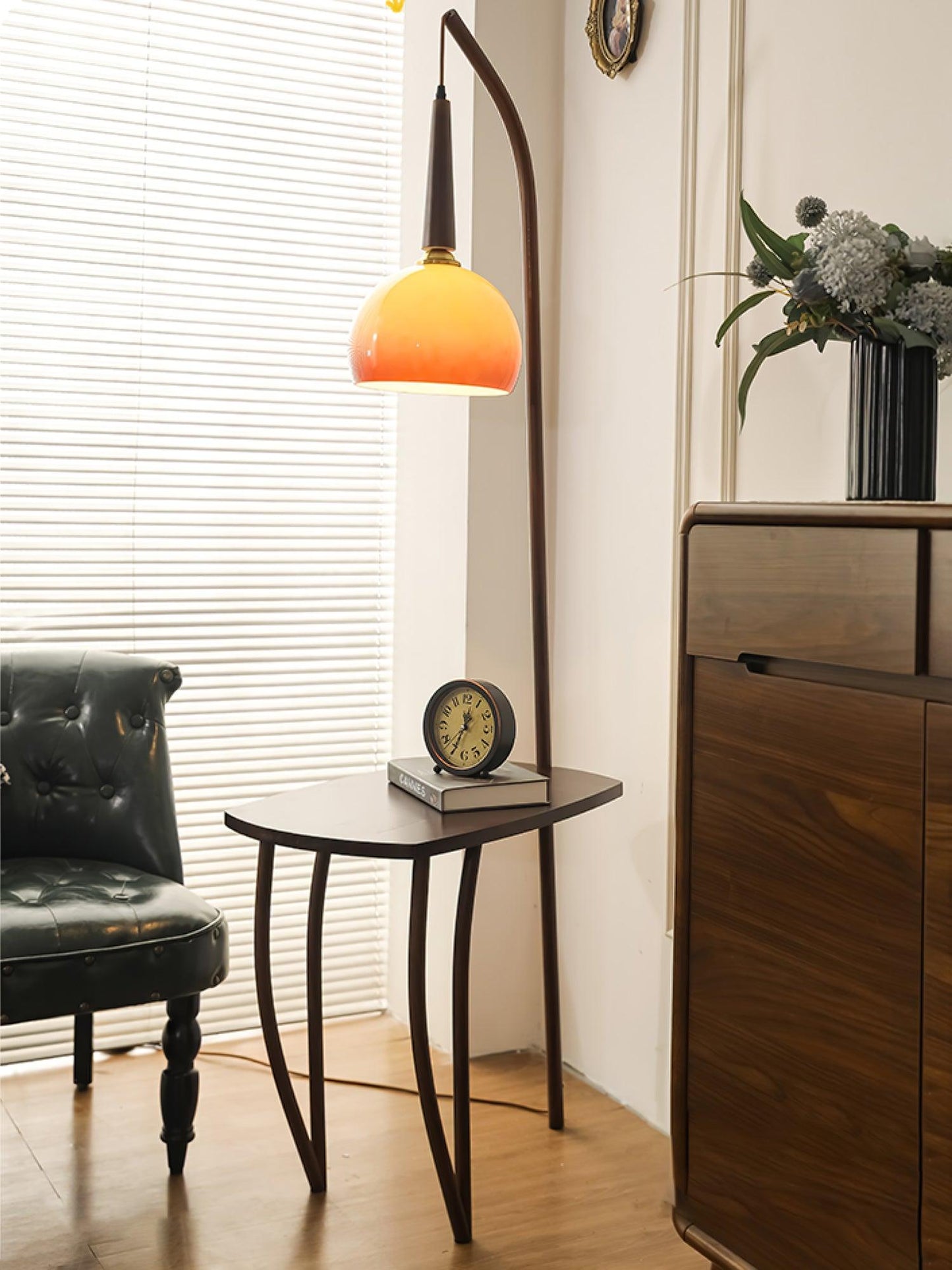 Cantilever Wood Accent Floor Lamp with Glass Shade and Table