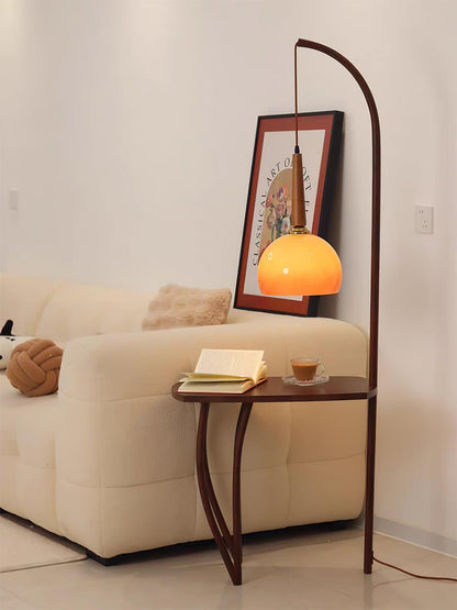 Cantilever Wood Accent Floor Lamp with Glass Shade and Table
