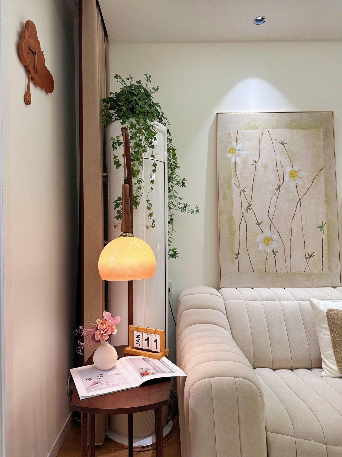 Cantilever Wood Accent Floor Lamp with Glass Shade and Table