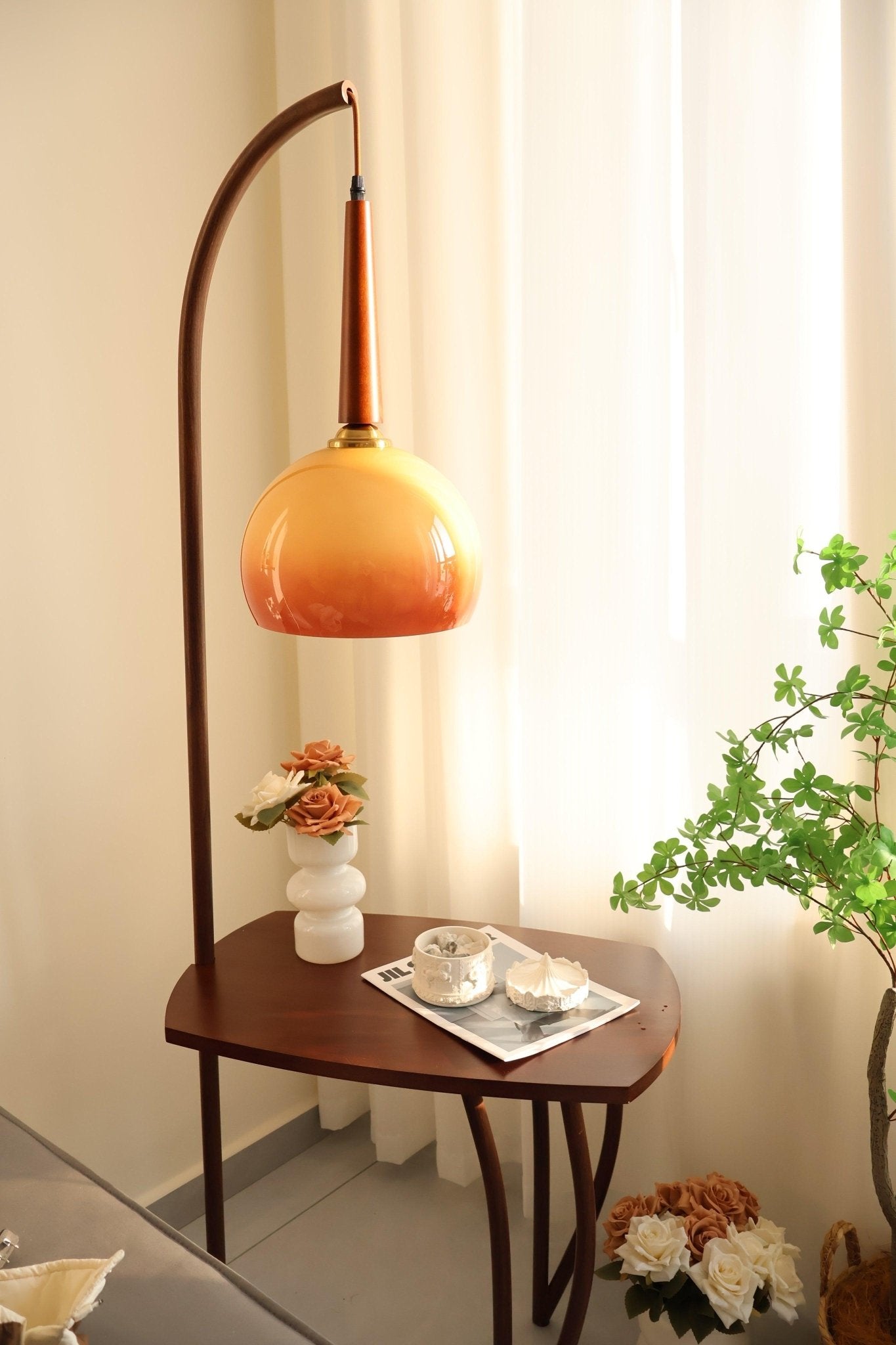 Cantilever Wood Accent Floor Lamp with Glass Shade and Table