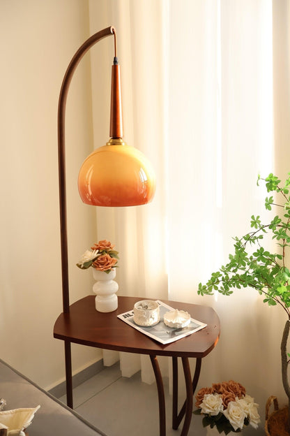 Cantilever Wood Accent Floor Lamp with Glass Shade and Table