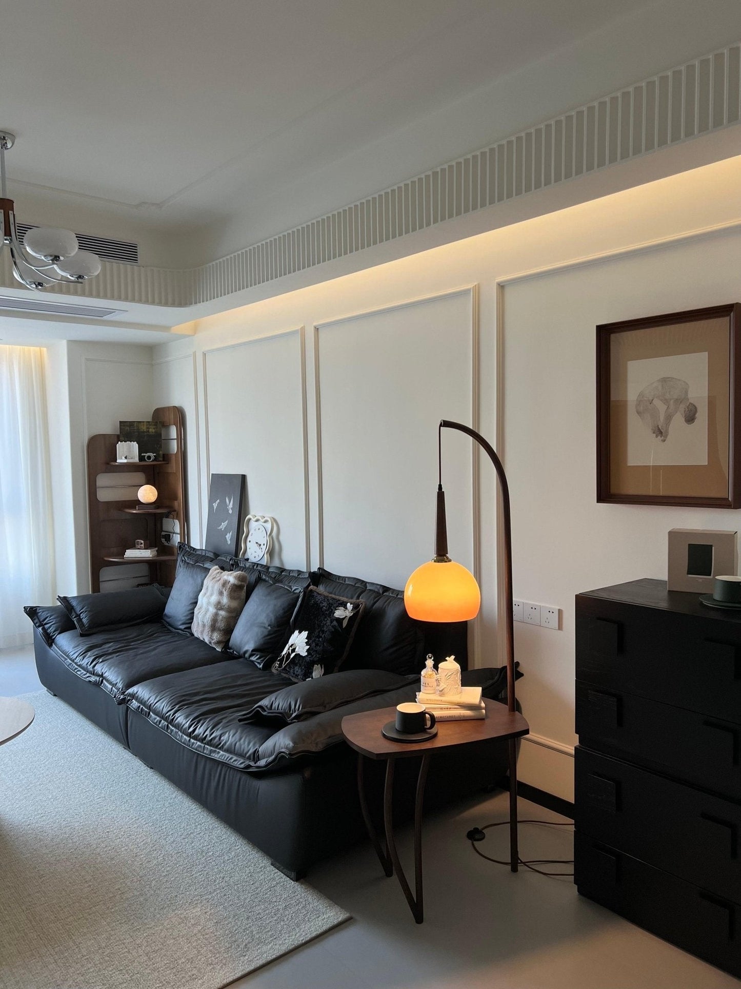 Cantilever Wood Accent Floor Lamp with Glass Shade and Table