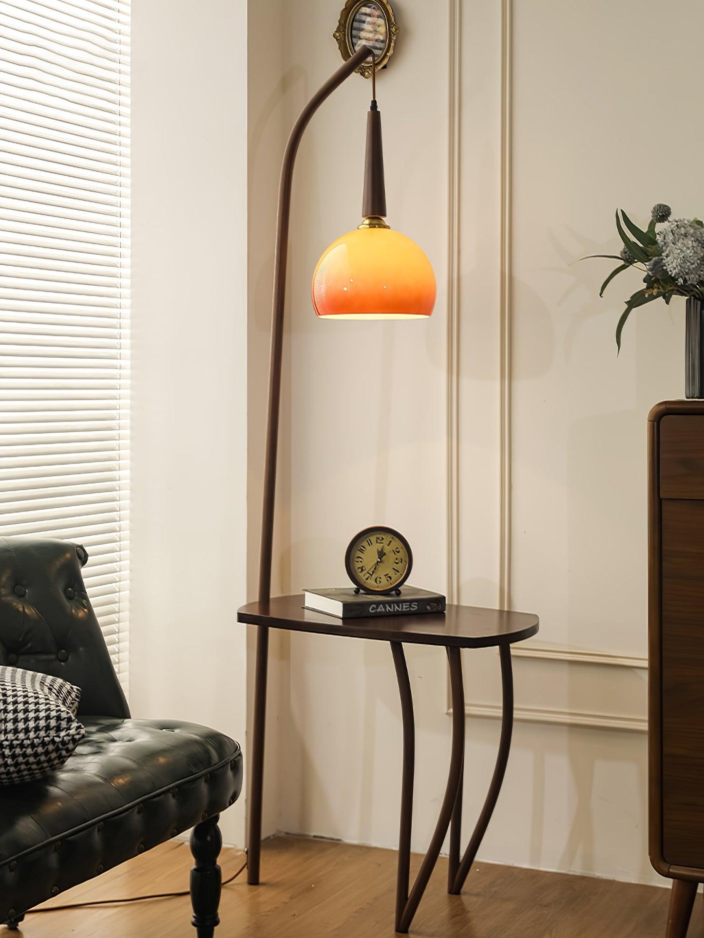 Cantilever Wood Accent Floor Lamp with Glass Shade and Table