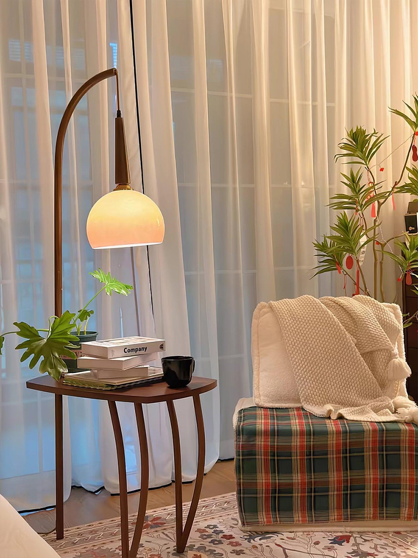 Cantilever Wood Accent Floor Lamp with Glass Shade and Table