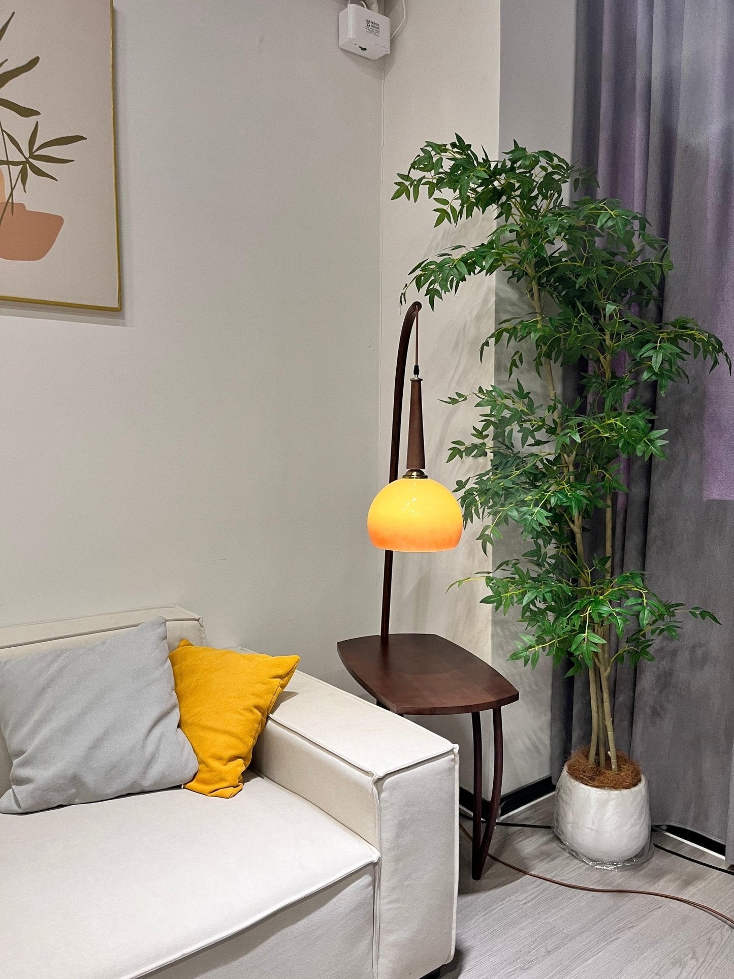 Cantilever Wood Accent Floor Lamp with Glass Shade and Table