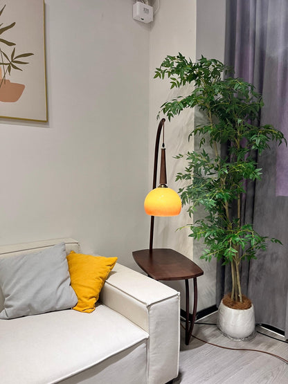 Cantilever Wood Accent Floor Lamp with Glass Shade and Table