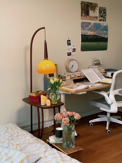 Cantilever Wood Accent Floor Lamp with Glass Shade and Table