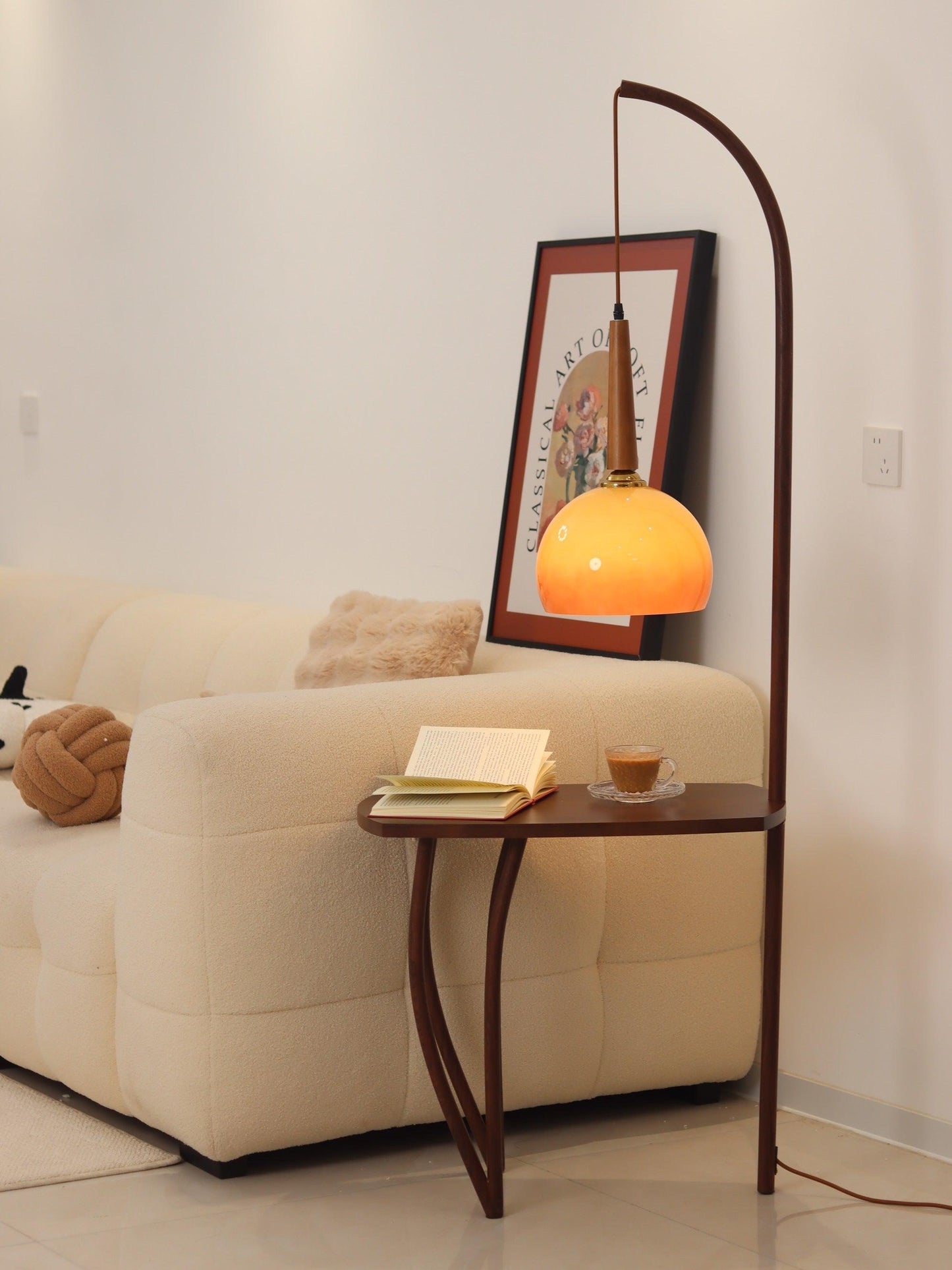 Cantilever Wood Accent Floor Lamp with Glass Shade and Table