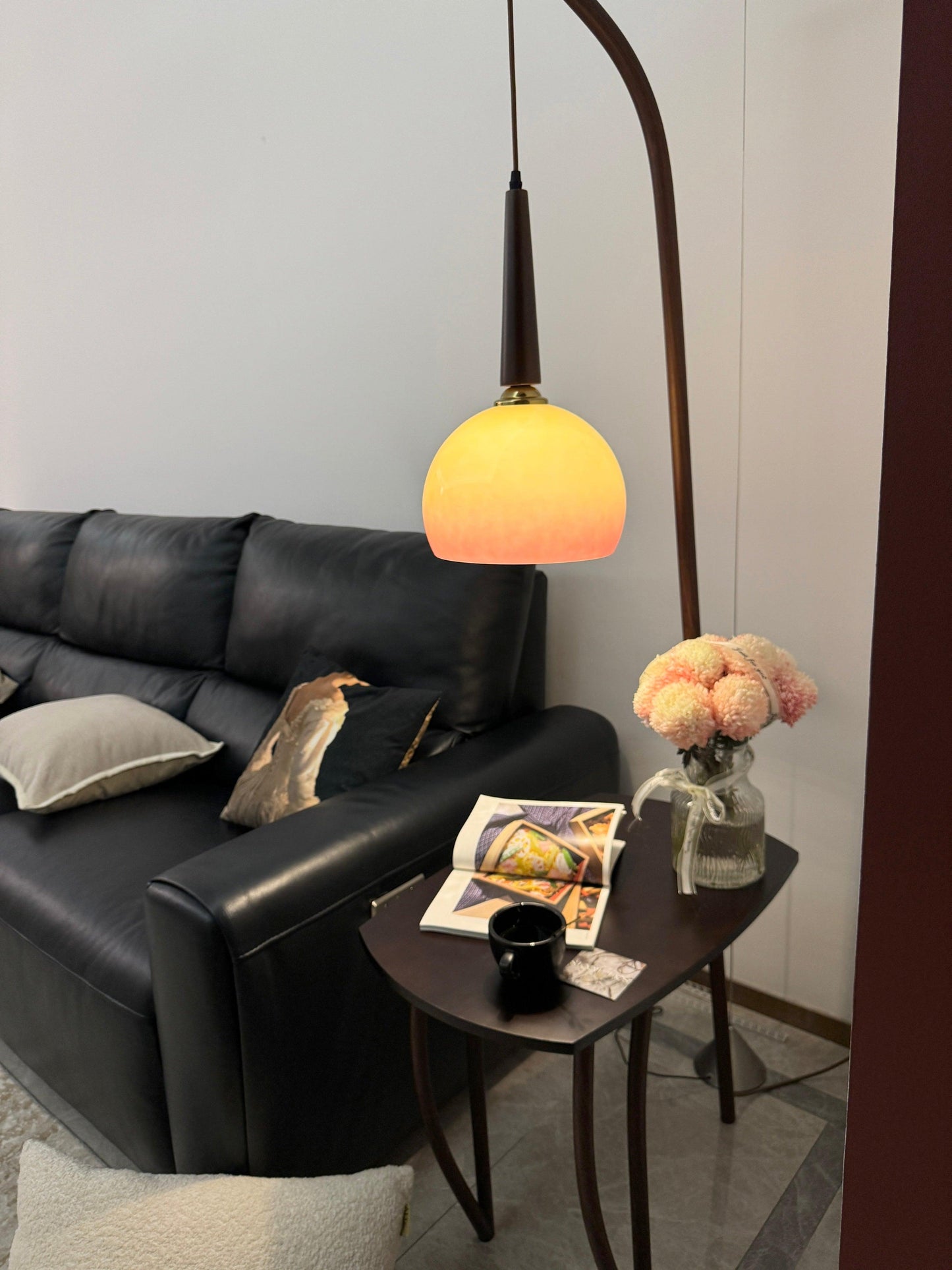 Cantilever Wood Accent Floor Lamp with Glass Shade and Table