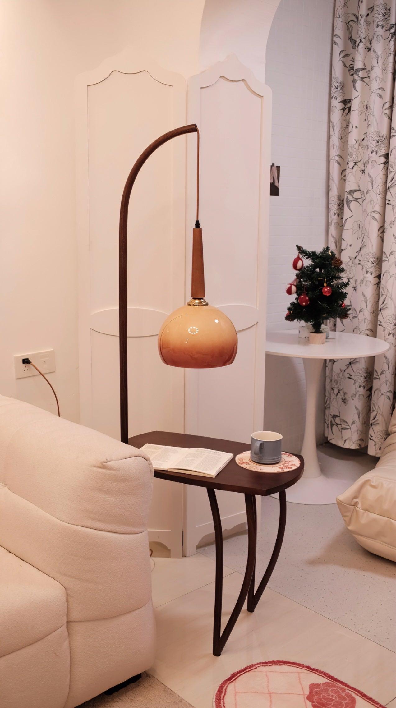 Cantilever Wood Accent Floor Lamp with Glass Shade and Table