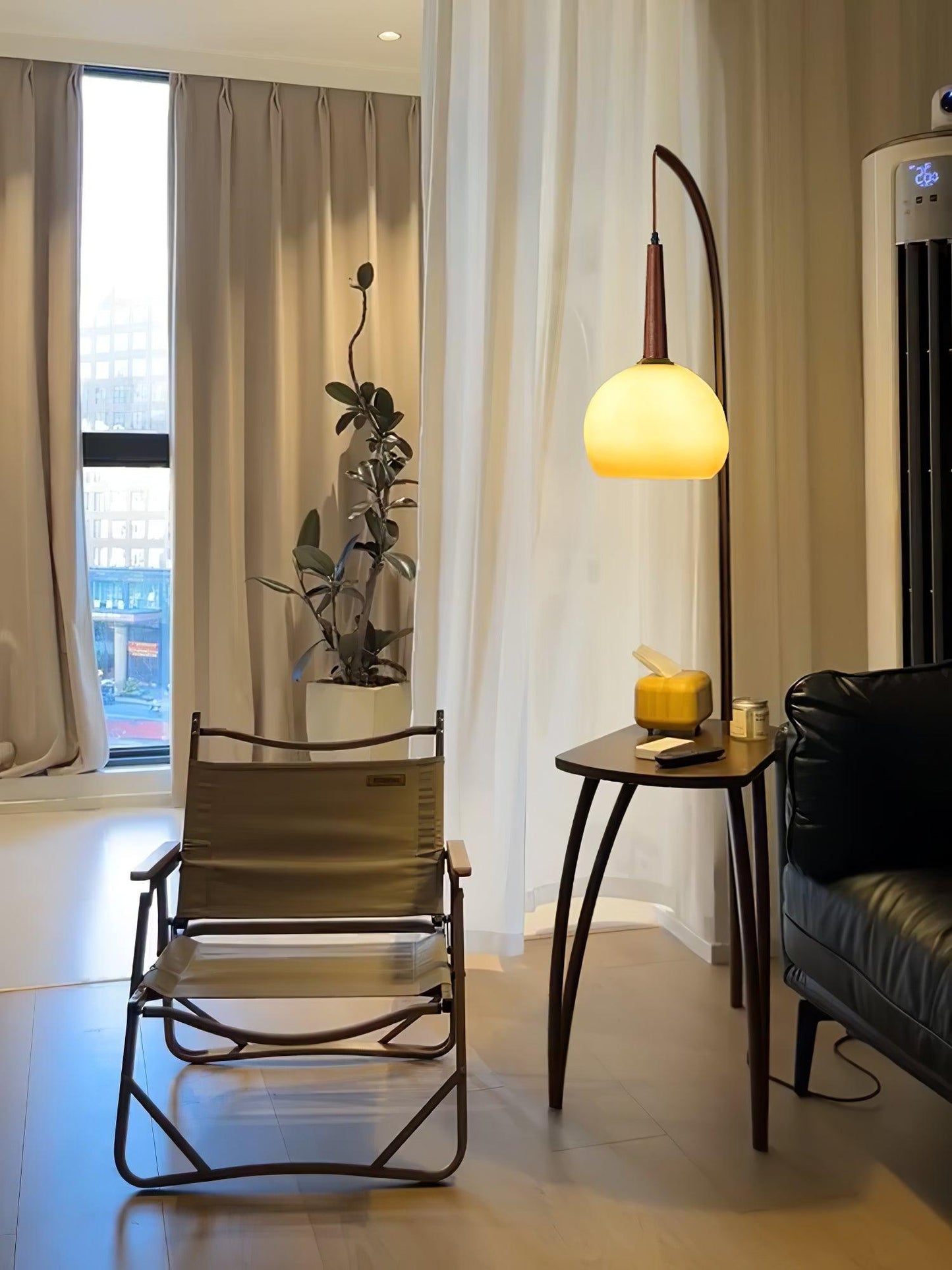 Cantilever Wood Accent Floor Lamp with Glass Shade and Table