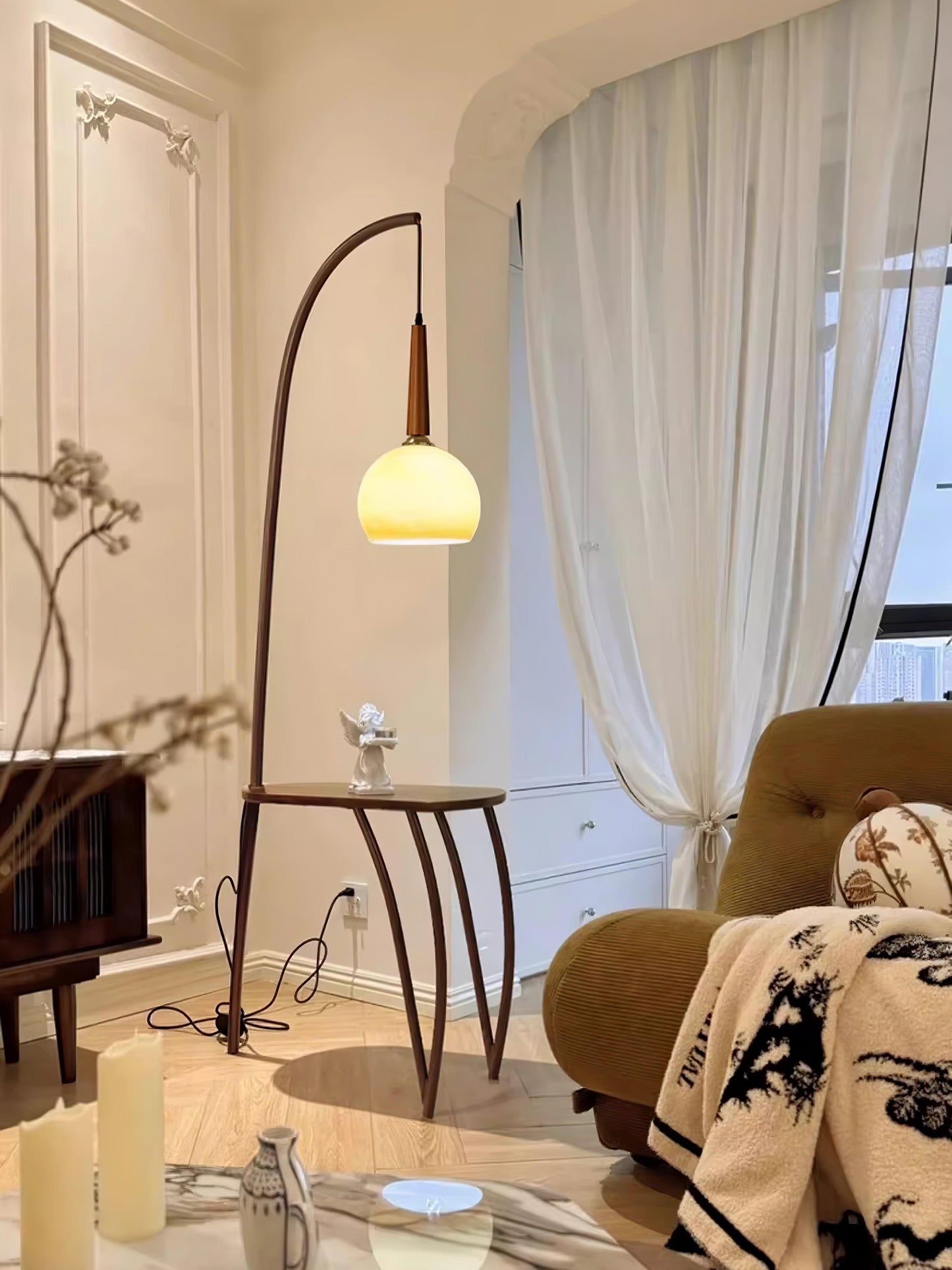 Cantilever Wood Accent Floor Lamp with Glass Shade and Table