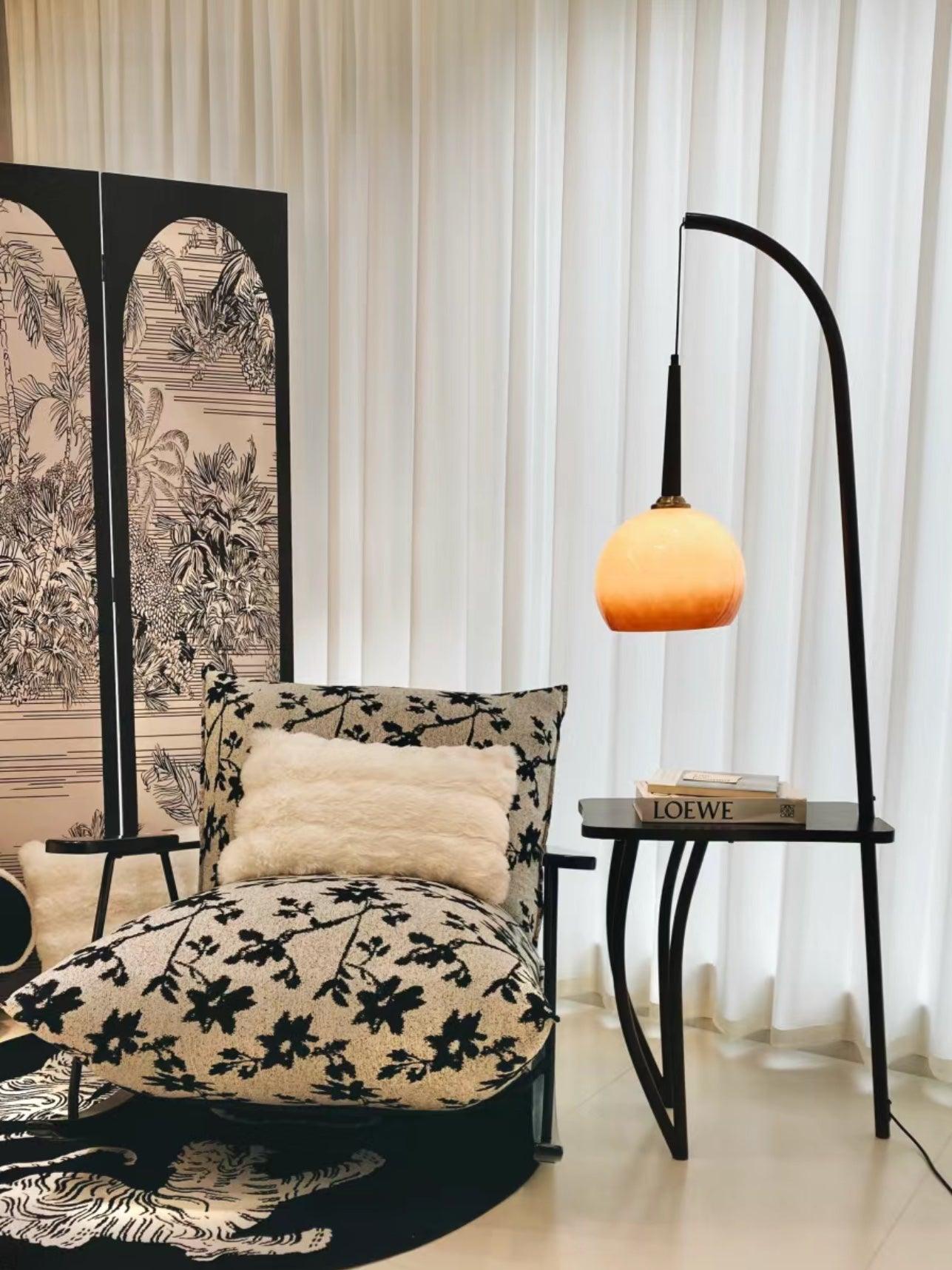 Cantilever Wood Accent Floor Lamp with Glass Shade and Table
