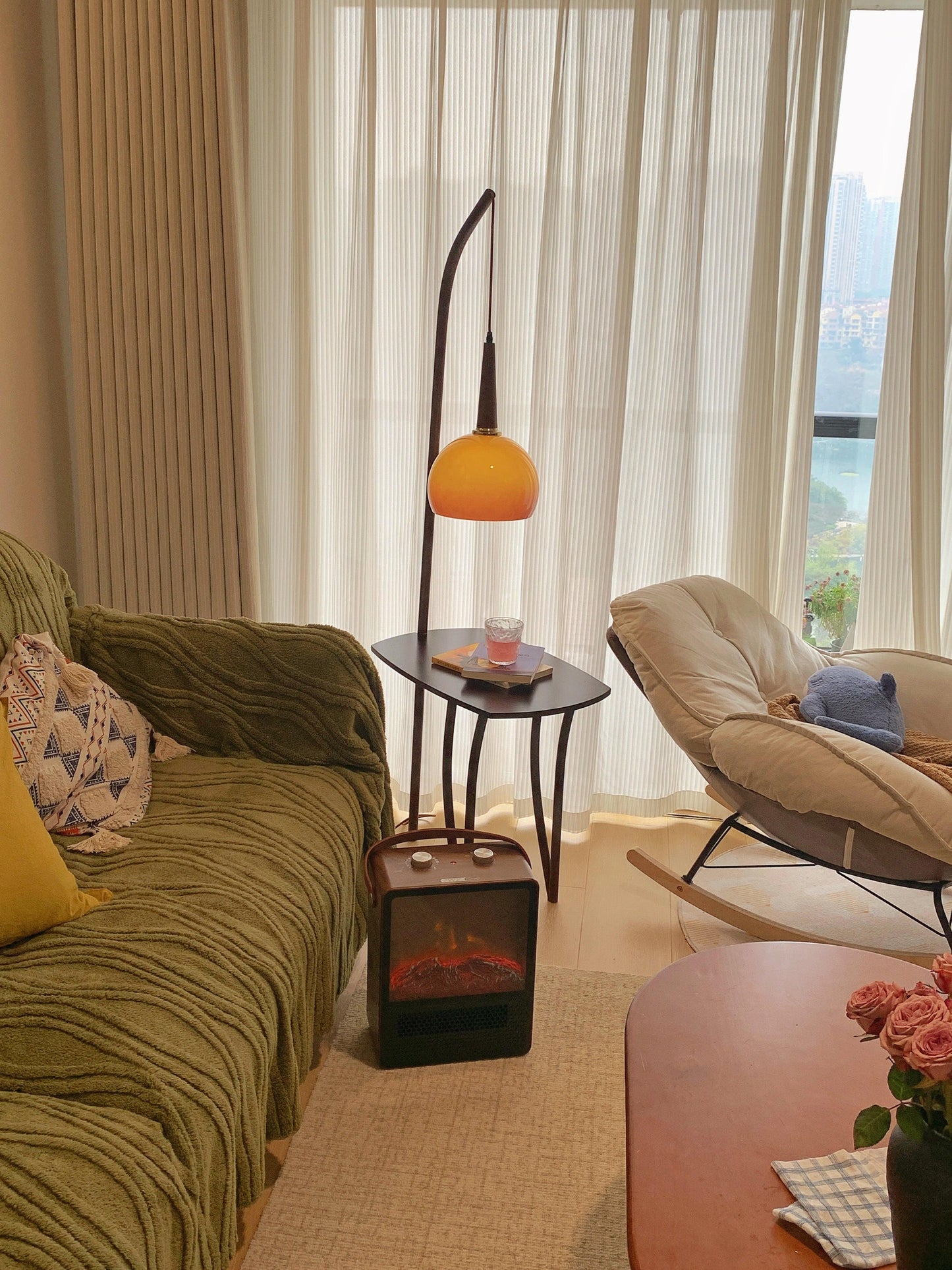 Cantilever Wood Accent Floor Lamp with Glass Shade and Table