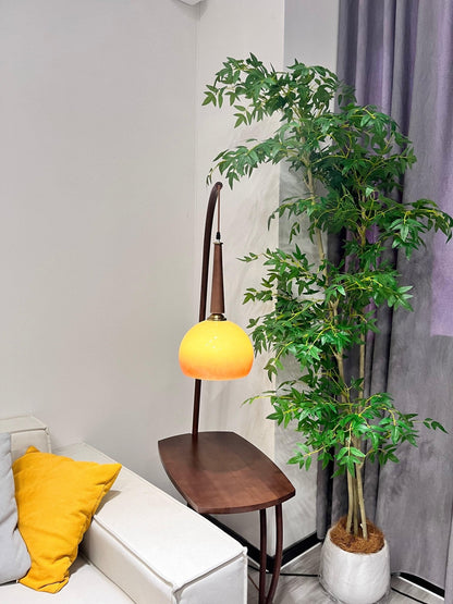 Cantilever Wood Accent Floor Lamp with Glass Shade and Table