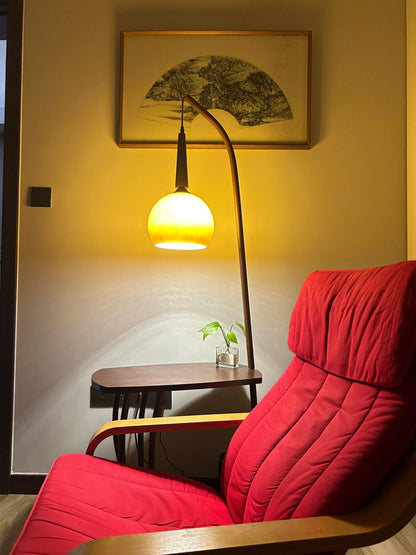 Cantilever Wood Accent Floor Lamp with Glass Shade and Table