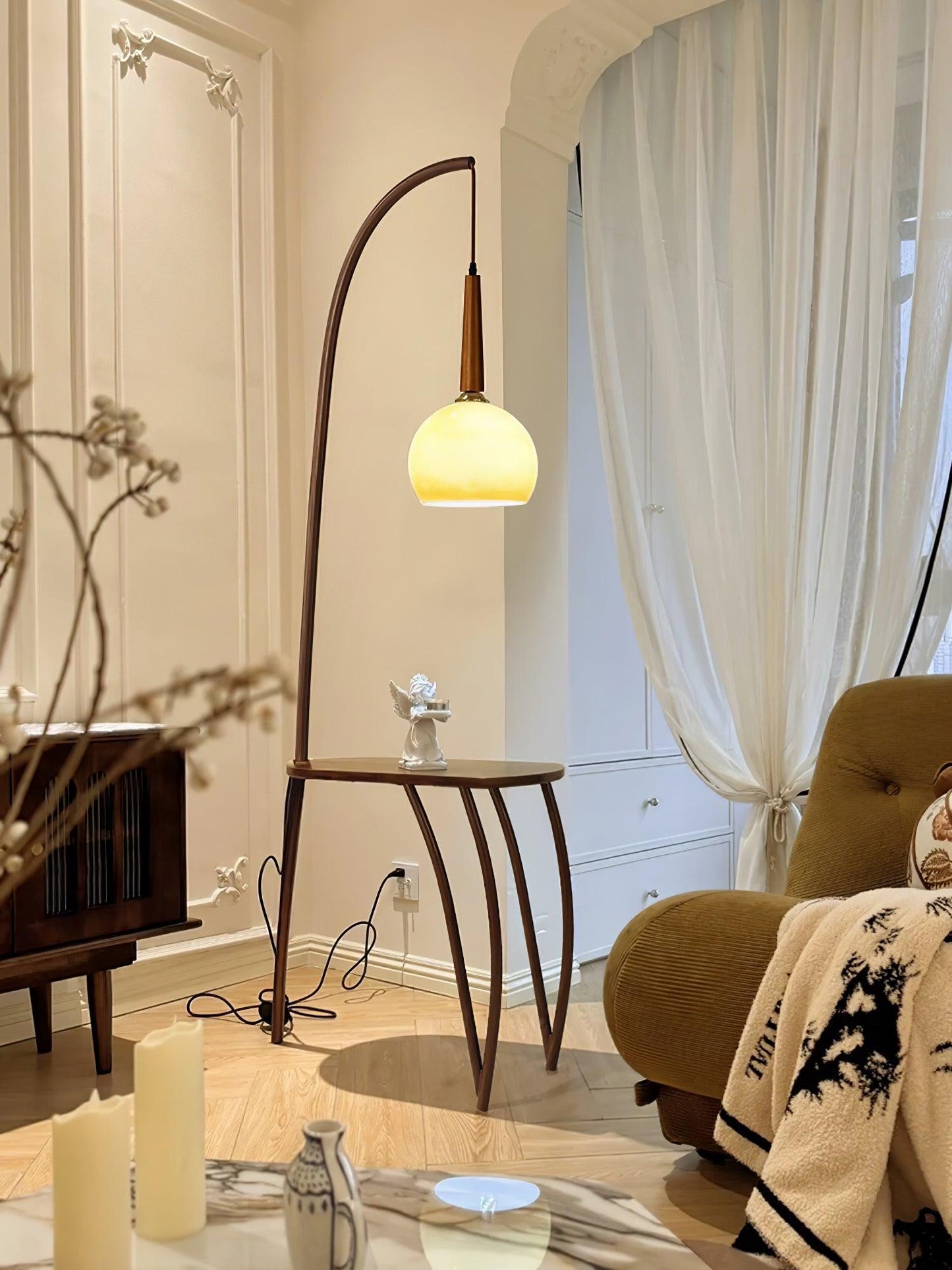 Cantilever Wood Accent Floor Lamp with Glass Shade and Table