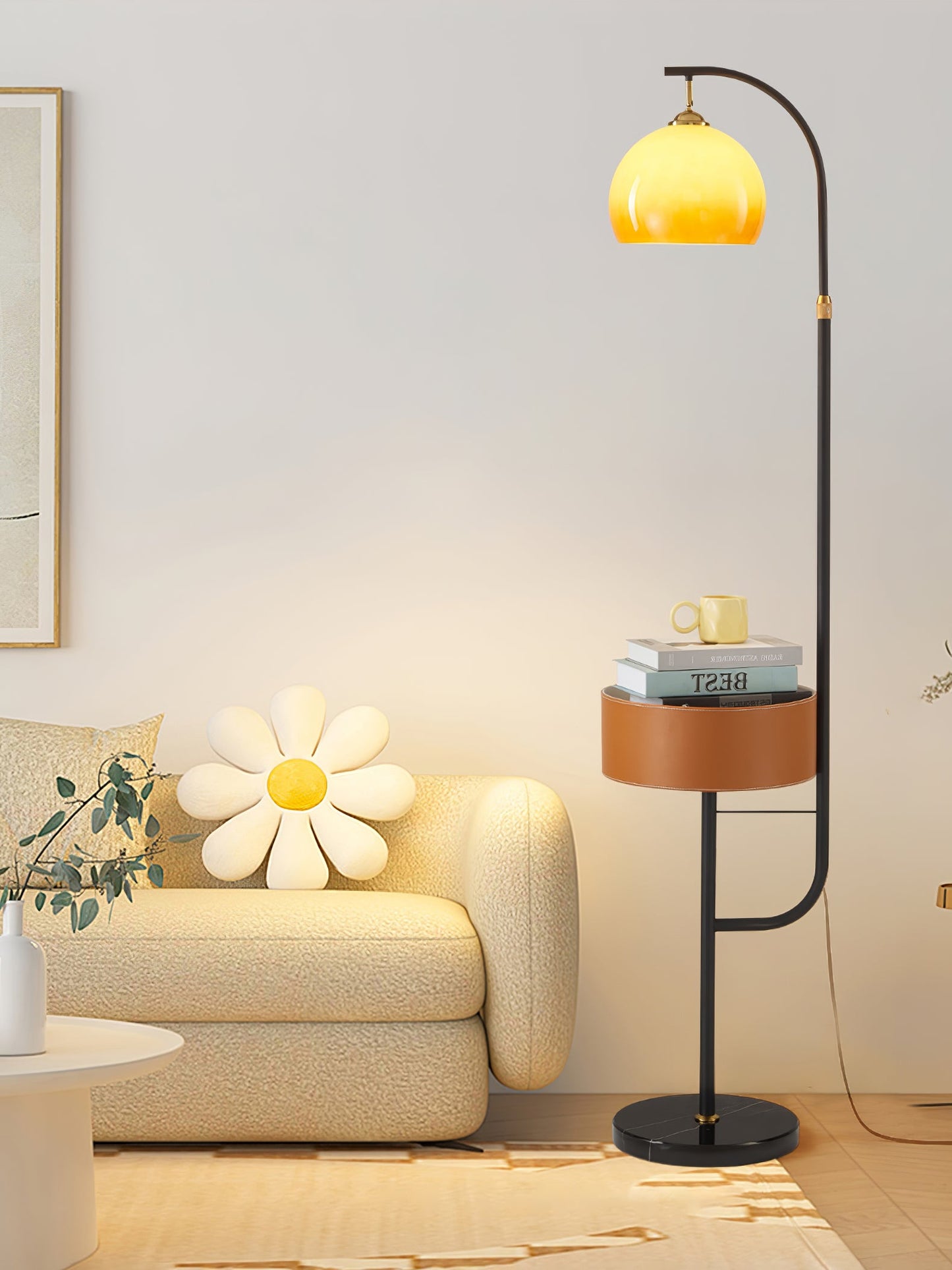 Caramel Arch Floor Lamp with Black Metal Base and LED Shade
