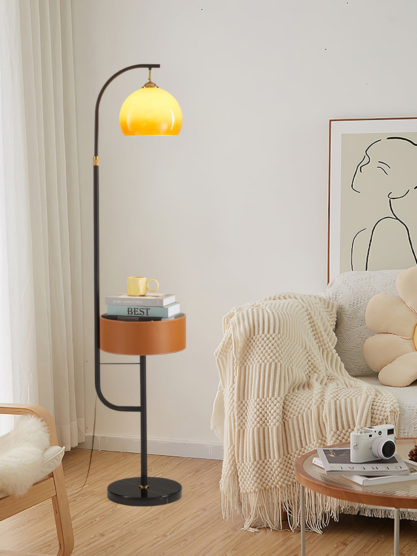 Caramel Arch Floor Lamp with Black Metal Base and LED Shade