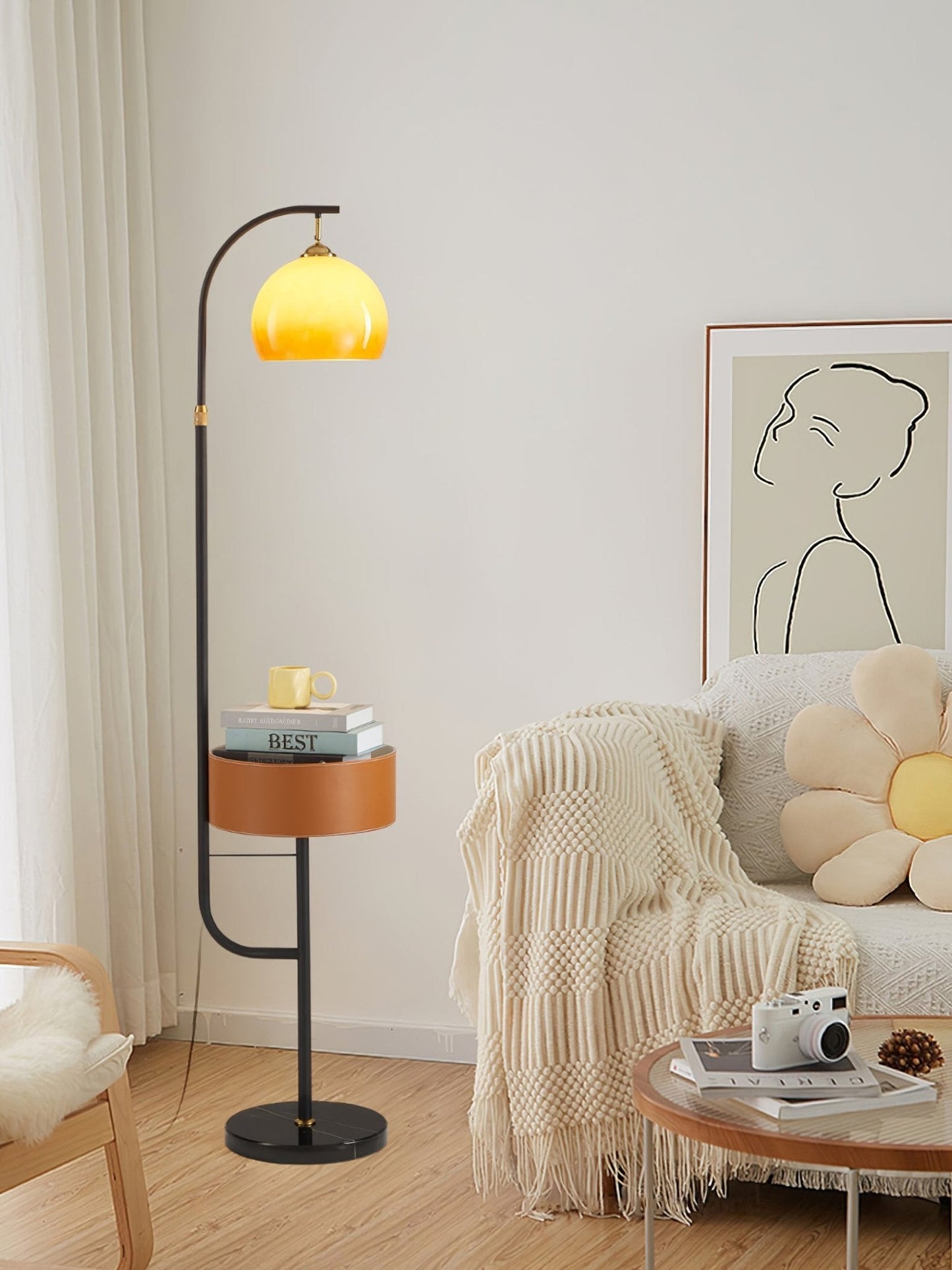 Caramel Arch Floor Lamp with Black Metal Base and LED Shade