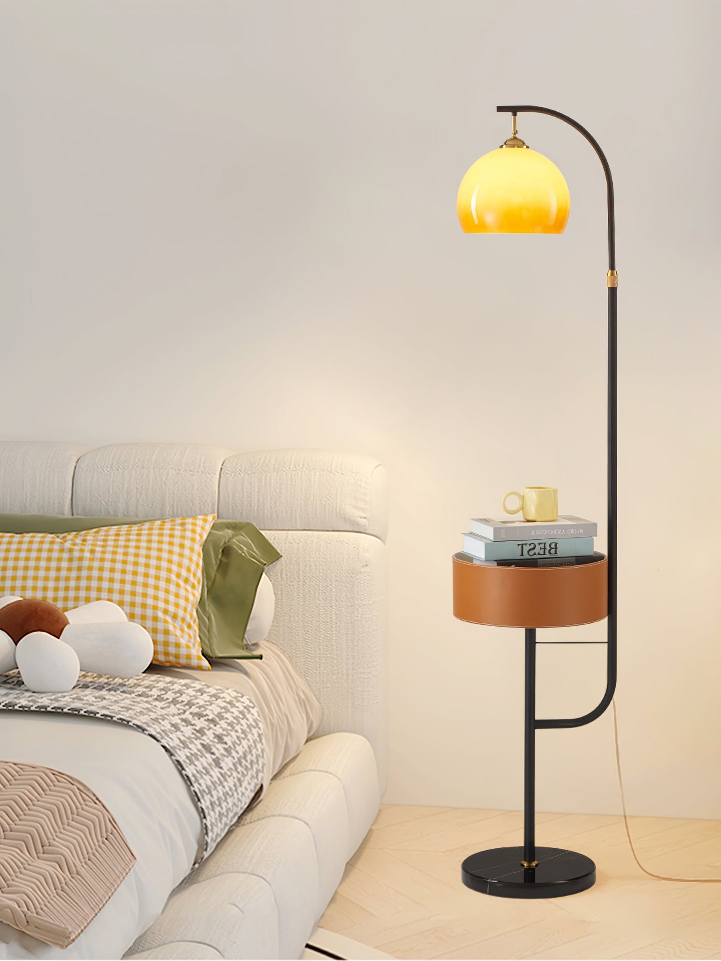 Caramel Arch Floor Lamp with Black Metal Base and LED Shade