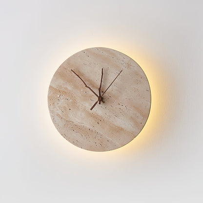 Clock Travertine Wall Lamp with LED Light and Bronze Hands