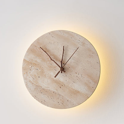 Clock Travertine Wall Lamp with LED Light and Bronze Hands