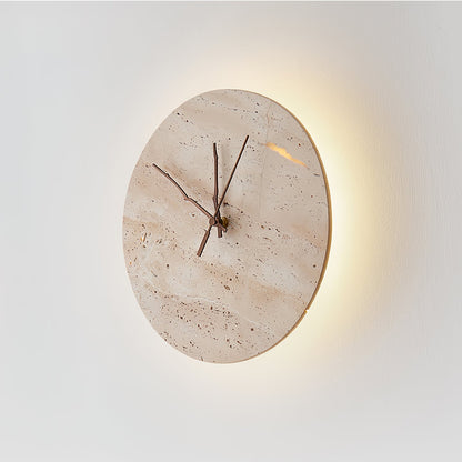 Clock Travertine Wall Lamp with LED Light and Bronze Hands