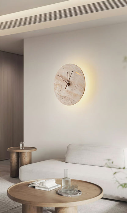 Clock Travertine Wall Lamp with LED Light and Bronze Hands