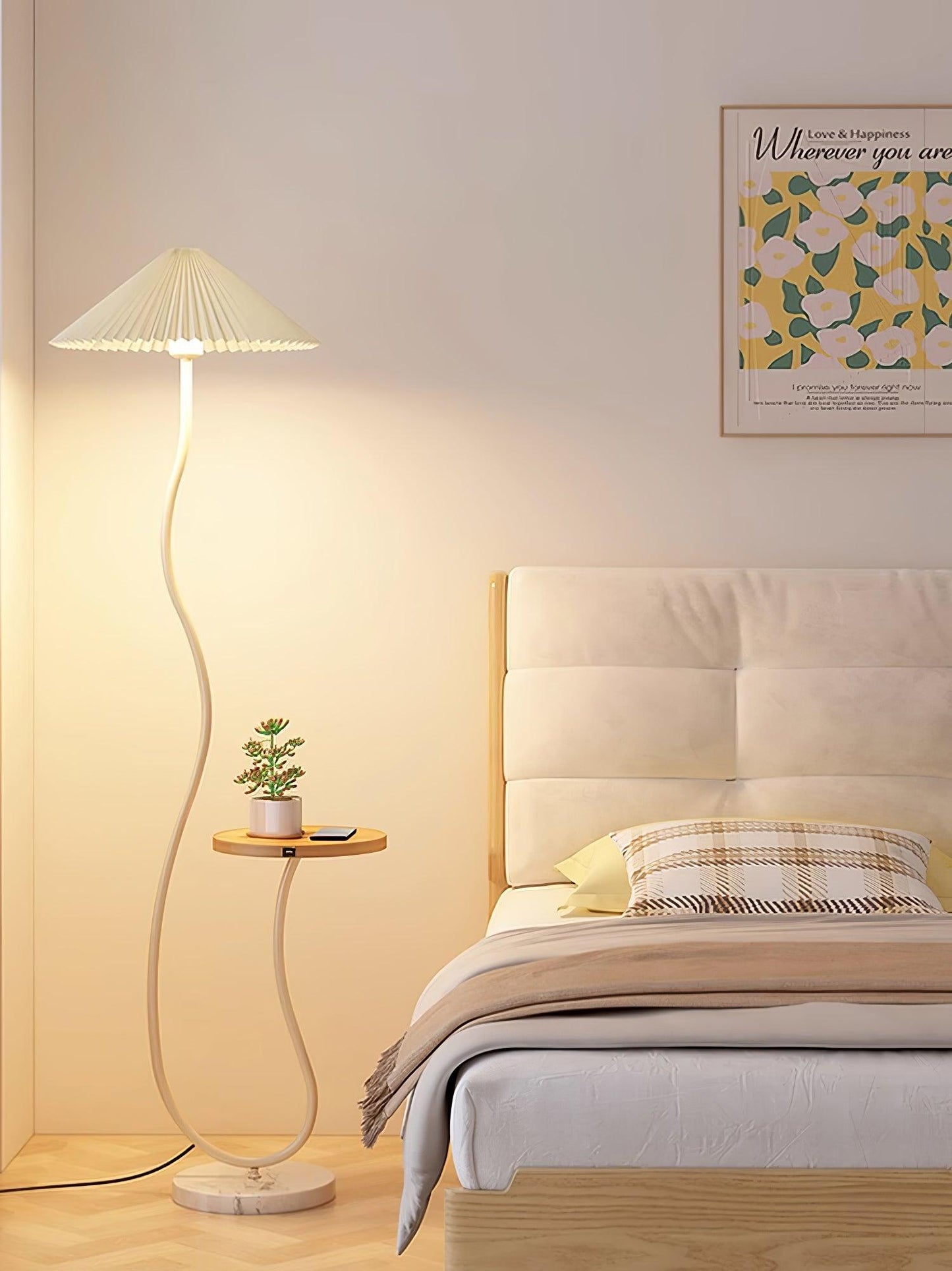 Curvatura Floor Lamp with Wooden Base and Fabric Shade