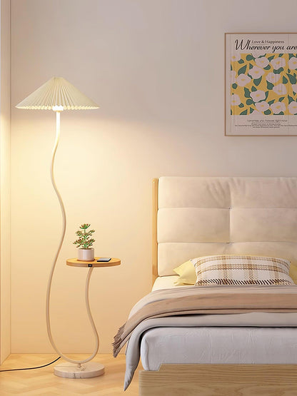 Curvatura Floor Lamp with Wooden Base and Fabric Shade