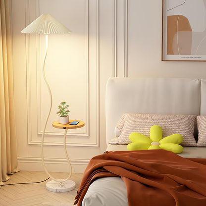 Curvatura Floor Lamp with Wooden Base and Fabric Shade