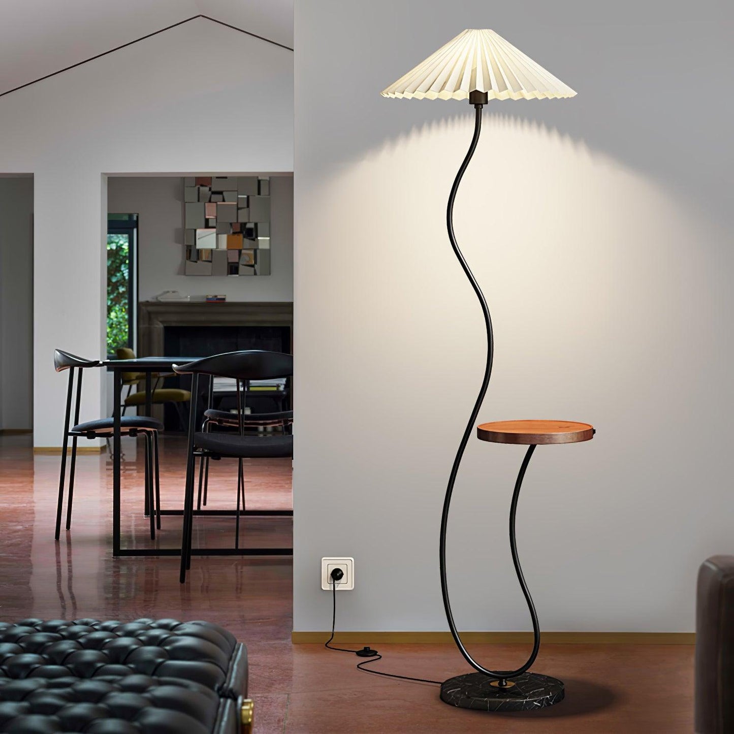 Curvatura Floor Lamp with Wooden Base and Fabric Shade
