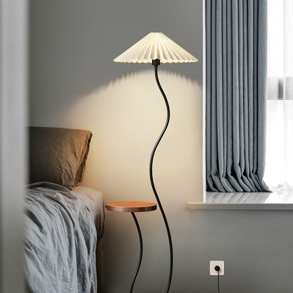 Curvatura Floor Lamp with Wooden Base and Fabric Shade