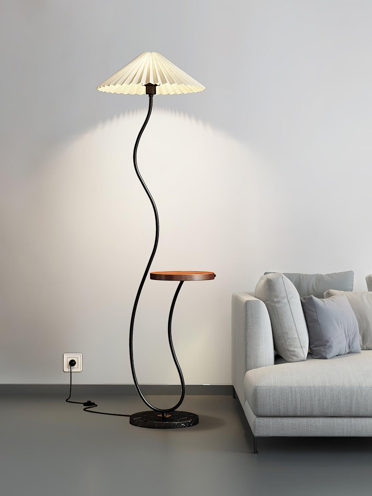 Curvatura Floor Lamp with Wooden Base and Fabric Shade