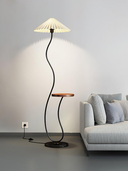 Curvatura Floor Lamp with Wooden Base and Fabric Shade