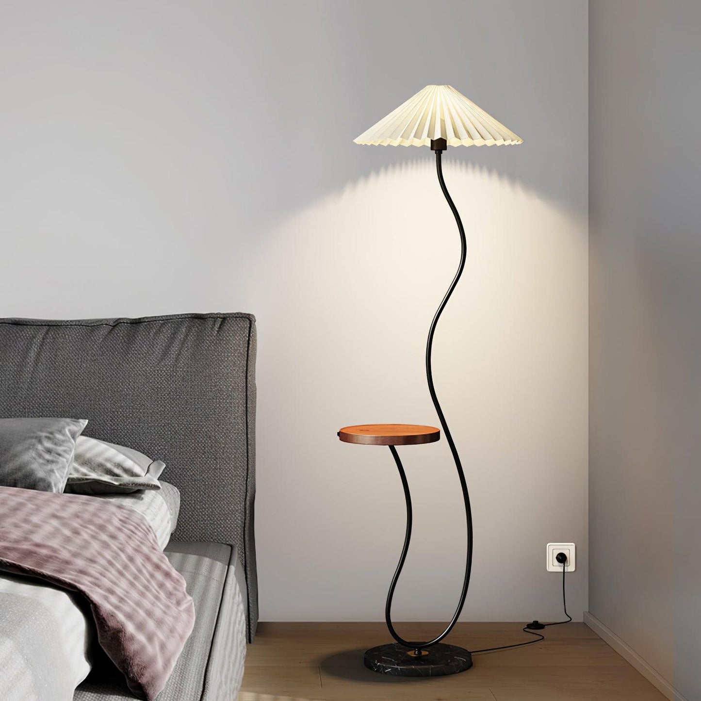 Curvatura Floor Lamp with Wooden Base and Fabric Shade