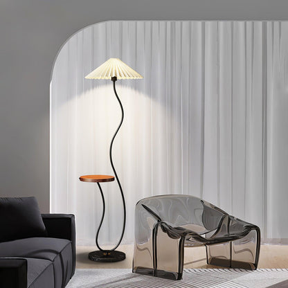 Curvatura Floor Lamp with Wooden Base and Fabric Shade