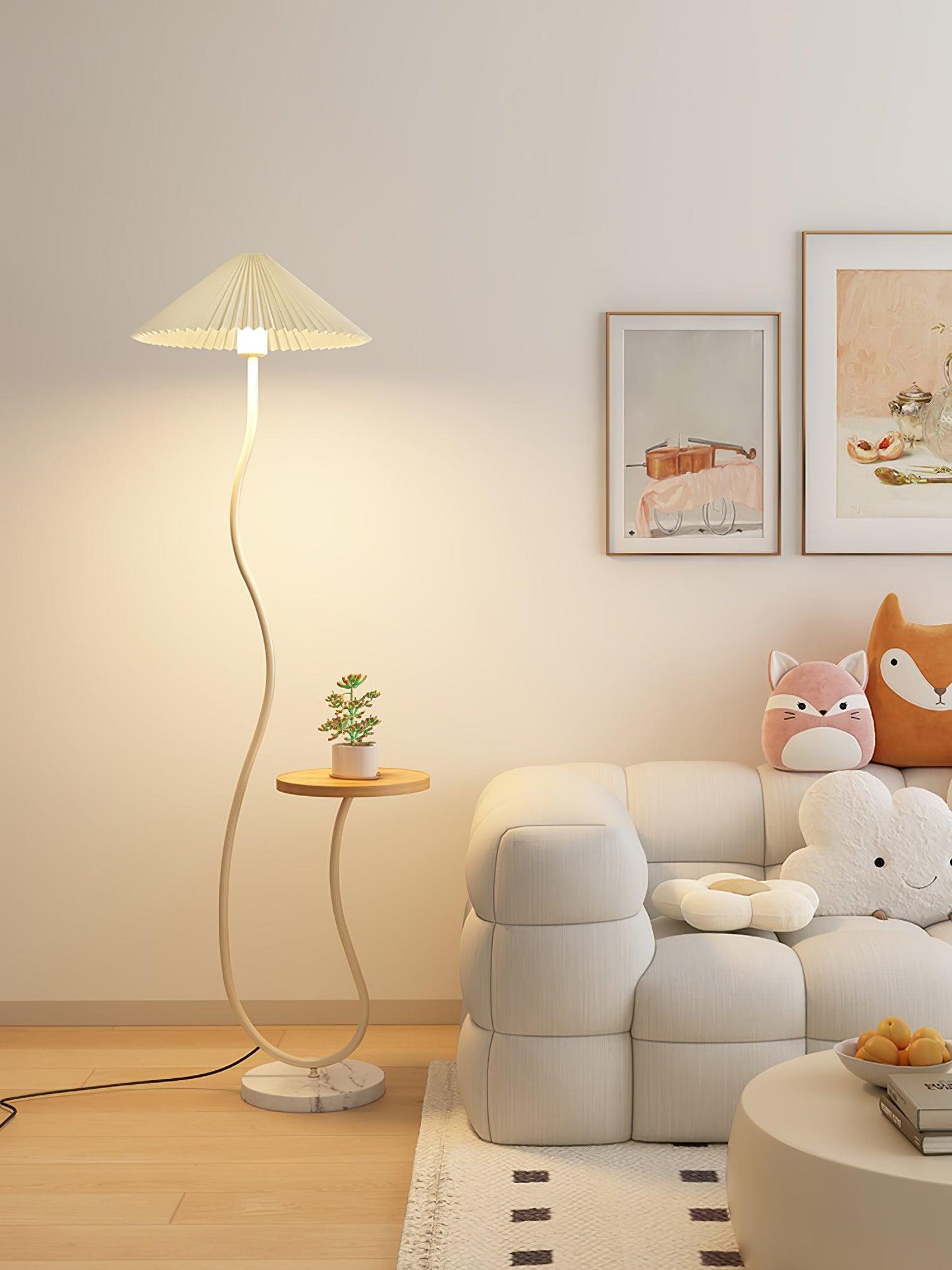 Curvatura Floor Lamp with Wooden Base and Fabric Shade