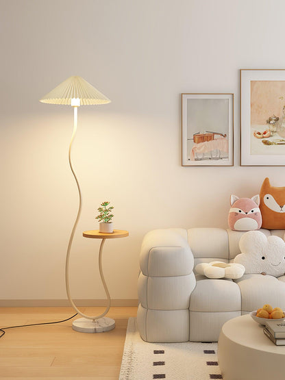 Curvatura Floor Lamp with Wooden Base and Fabric Shade