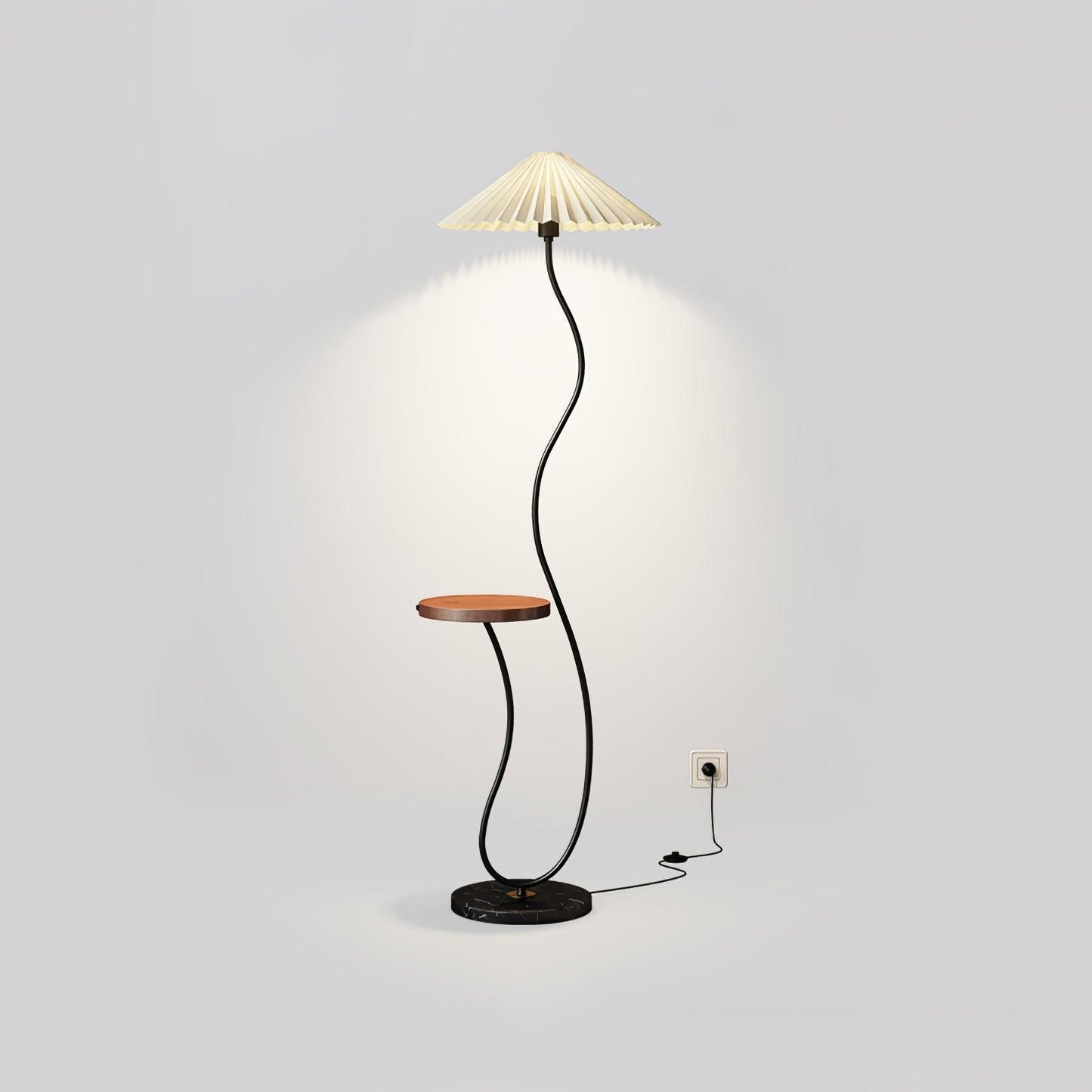 Curvatura Floor Lamp with Wooden Base and Fabric Shade