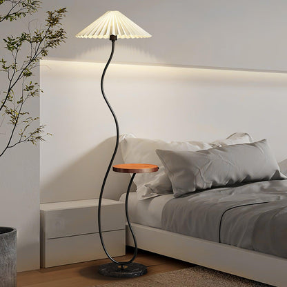 Curvatura Floor Lamp with Wooden Base and Fabric Shade