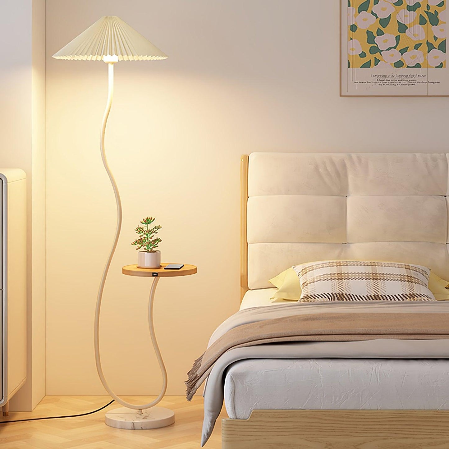 Curvatura Floor Lamp with Wooden Base and Fabric Shade