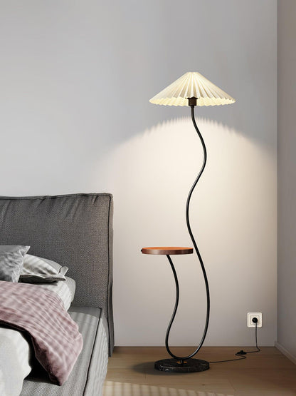 Curvatura Floor Lamp with Wooden Base and Fabric Shade