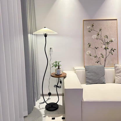 Curvatura Floor Lamp with Wooden Base and Fabric Shade