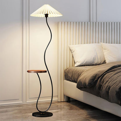 Curvatura Floor Lamp with Wooden Base and Fabric Shade