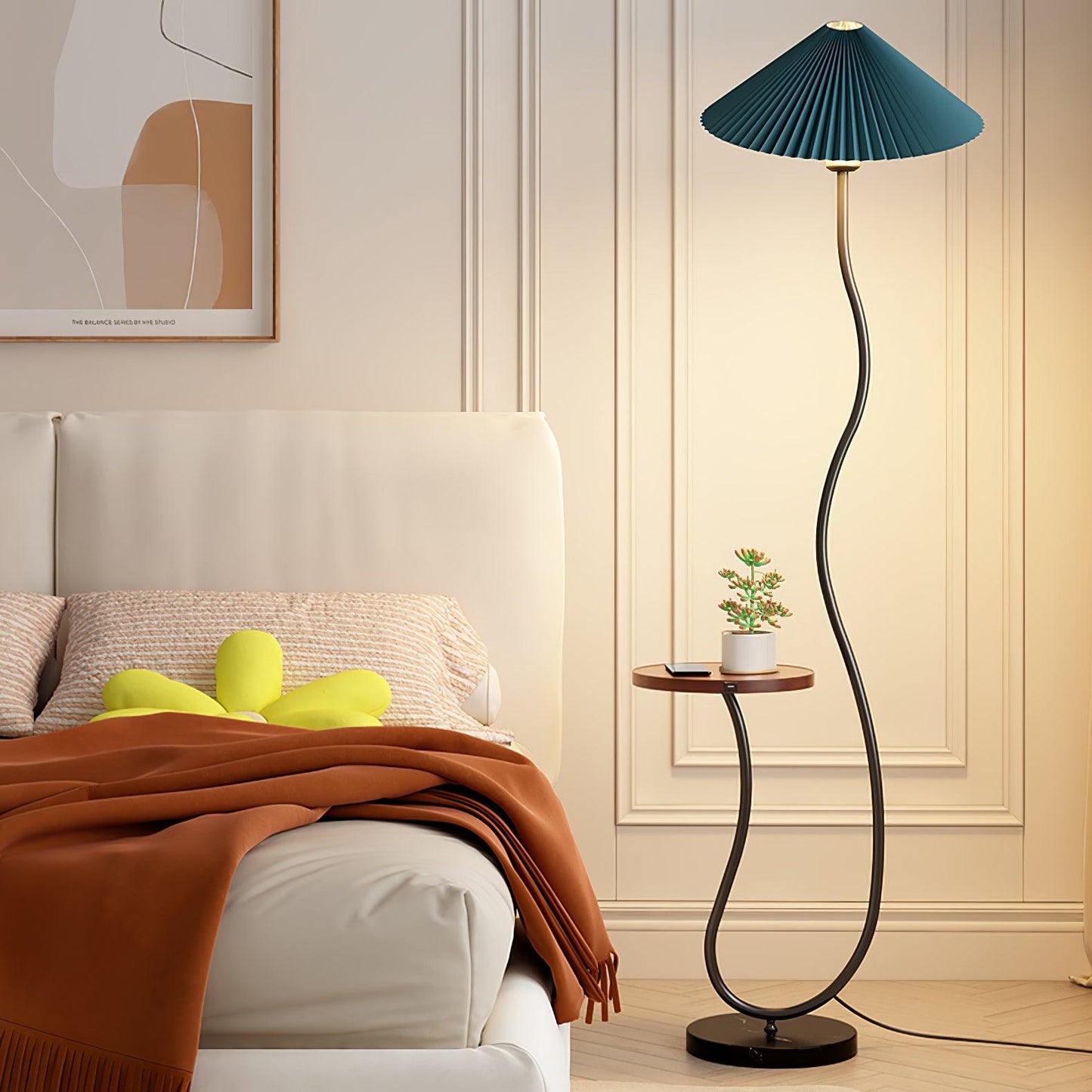 Curvatura Floor Lamp with Wooden Base and Fabric Shade
